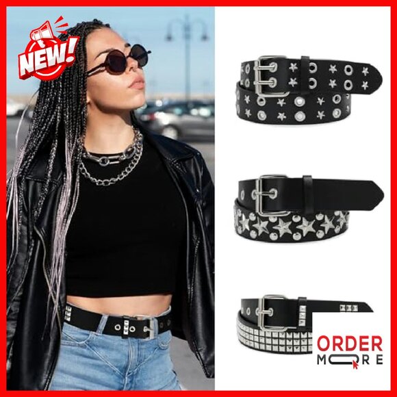 Studded Belt Set 3 Pcs Faux Leather Punk Gothic Star Design Unisex - Picture 3 of 7